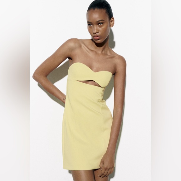 NWT Luxury Spring Summer Party Minimalist Zara Yellow Strapless Cutout Dress - Picture 2 of 12